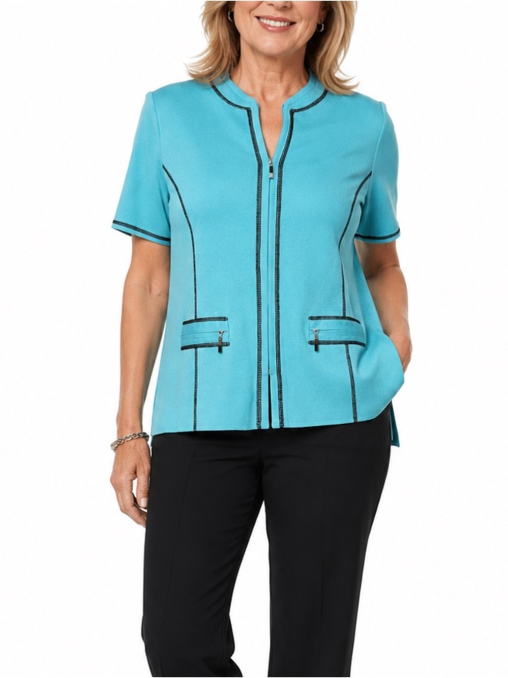 Exclusively Misook Women's Full Zip Turquoise Short Sleeve Career Top Size M